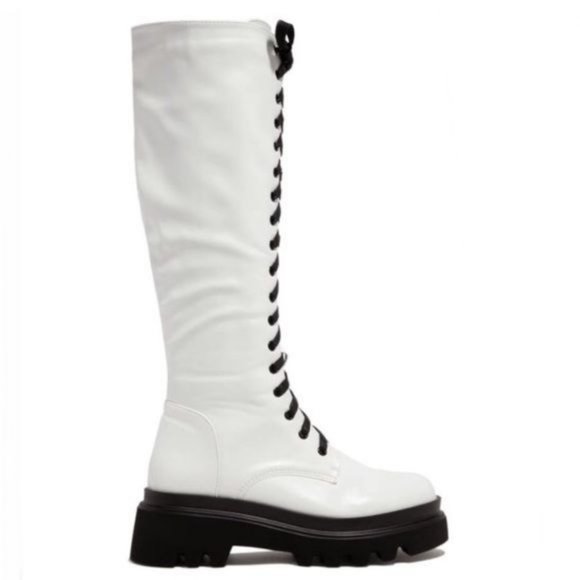 !! NEW !! Knee High Lack Up Combat Boots with Side Zip in Taupe - Picture 7 of 8